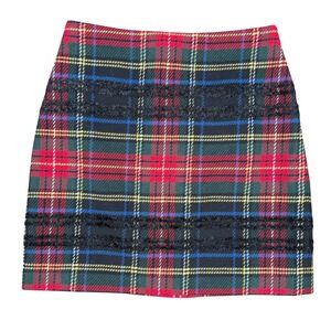 J.Crew Size 4‎ Tartan Plaid Bouclé Mini Skirt Red Green Wool Blend Holiday Lined
